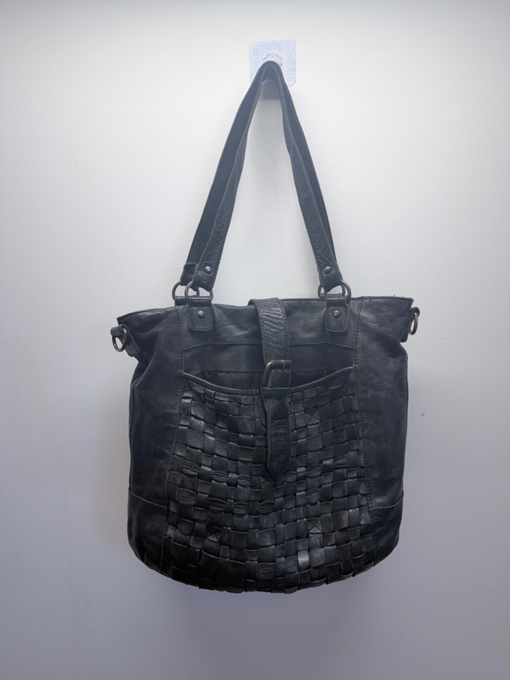 Classic Black Woven Leather Tote Purse - Women Vintage